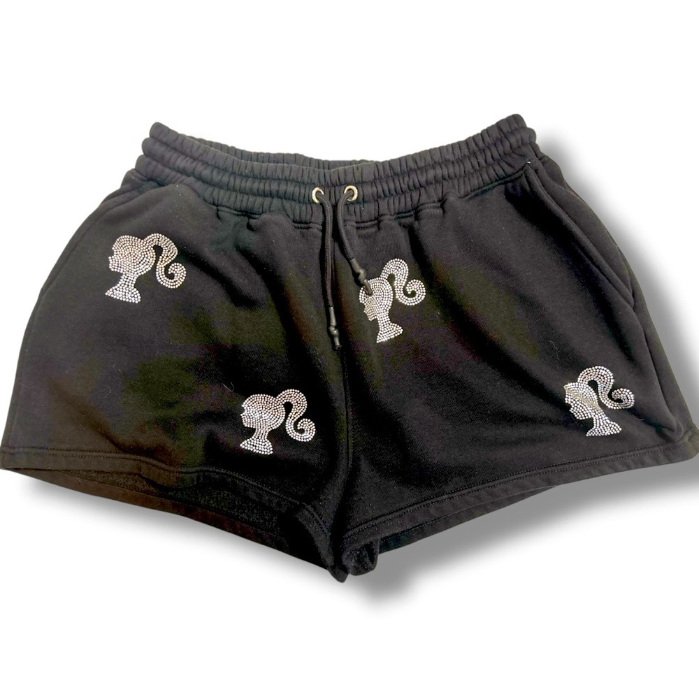 Barbie Logo Shorts size 12 Rhinestone detail Black 2023 Mattel‎ Stretch Waist
